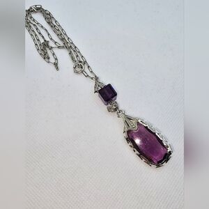 Art Deco-Nouveau Purple Pendant Necklace 24 Inch 1930s Gorgeous Chrome Plated